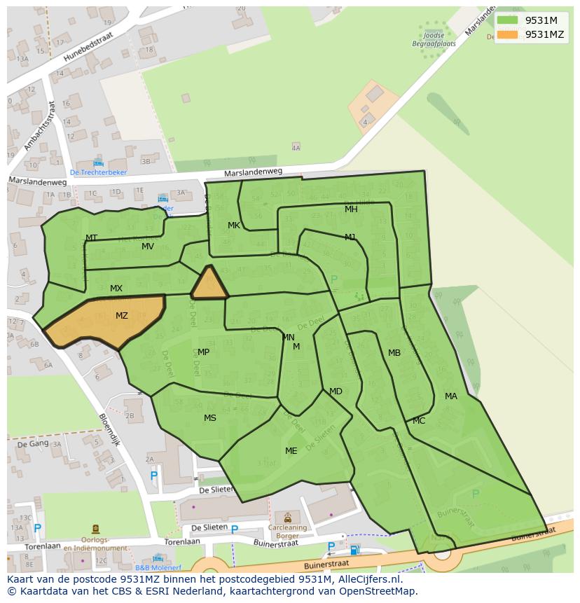 Afbeelding van het postcodegebied 9531 MZ op de kaart.