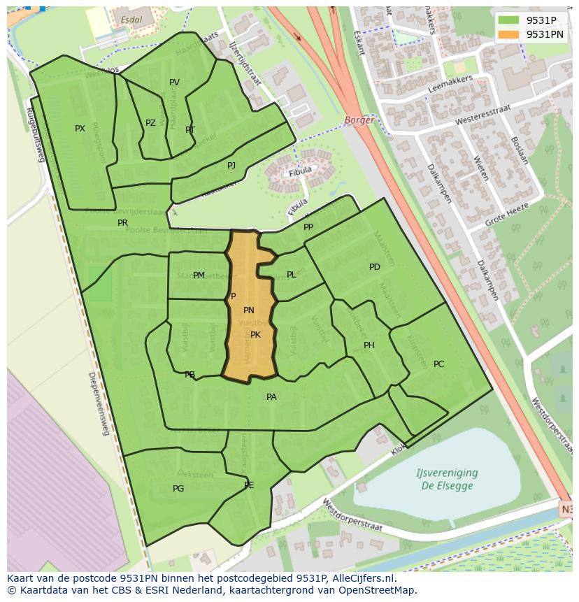 Afbeelding van het postcodegebied 9531 PN op de kaart.