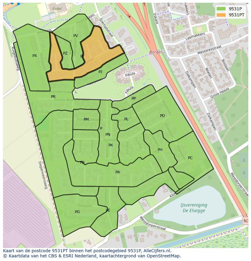Afbeelding van het postcodegebied 9531 PT op de kaart.