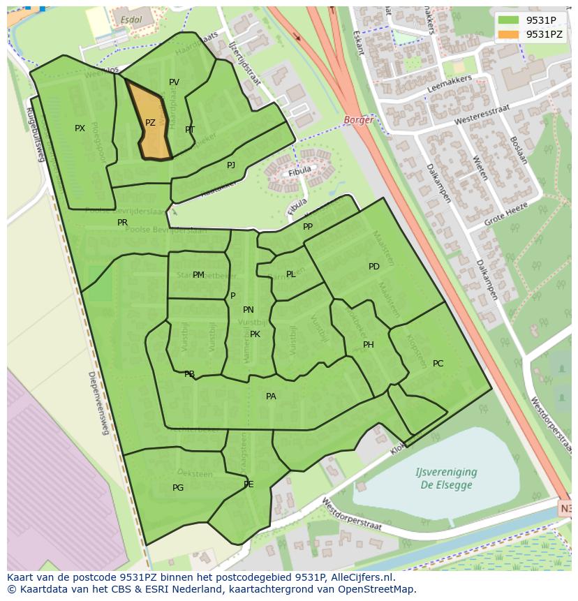 Afbeelding van het postcodegebied 9531 PZ op de kaart.