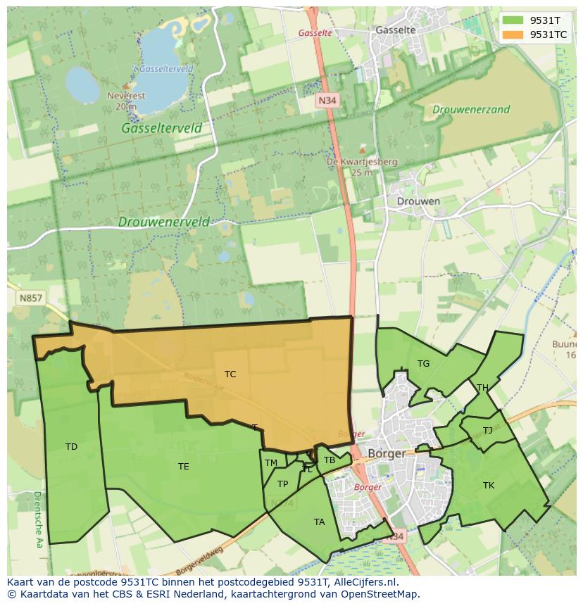 Afbeelding van het postcodegebied 9531 TC op de kaart.
