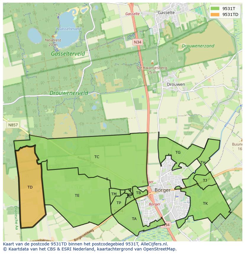 Afbeelding van het postcodegebied 9531 TD op de kaart.