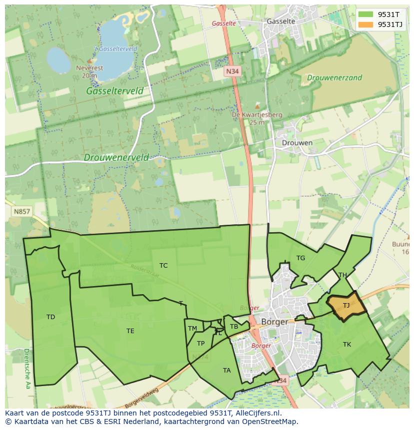 Afbeelding van het postcodegebied 9531 TJ op de kaart.