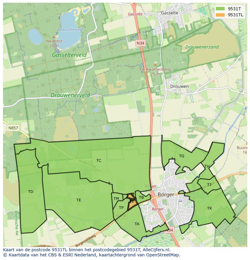 Afbeelding van het postcodegebied 9531 TL op de kaart.