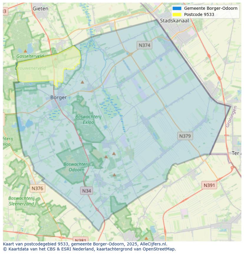 Afbeelding van het postcodegebied 9533 op de kaart.