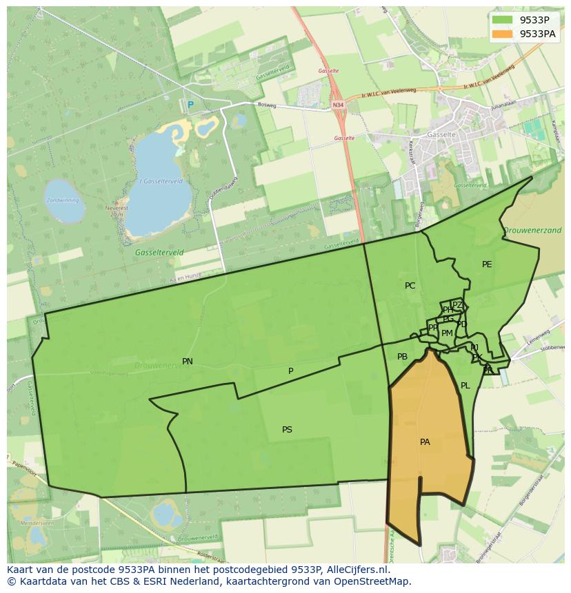Afbeelding van het postcodegebied 9533 PA op de kaart.
