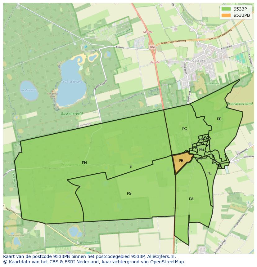 Afbeelding van het postcodegebied 9533 PB op de kaart.