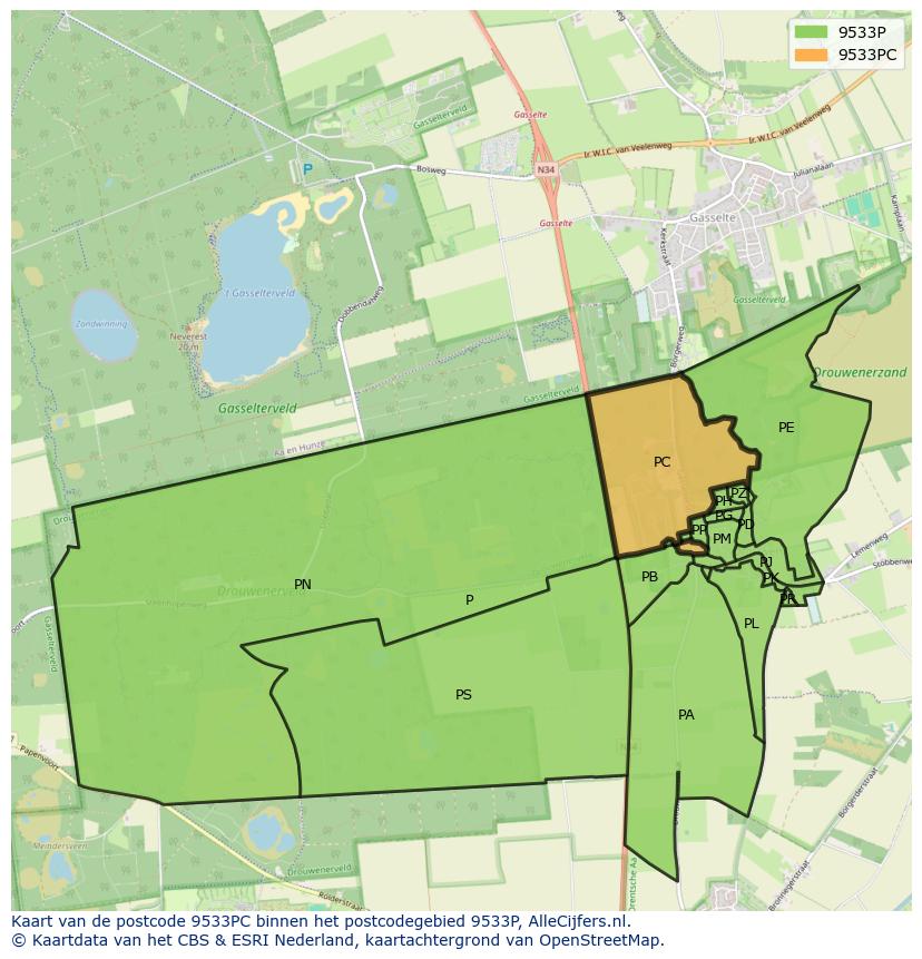 Afbeelding van het postcodegebied 9533 PC op de kaart.