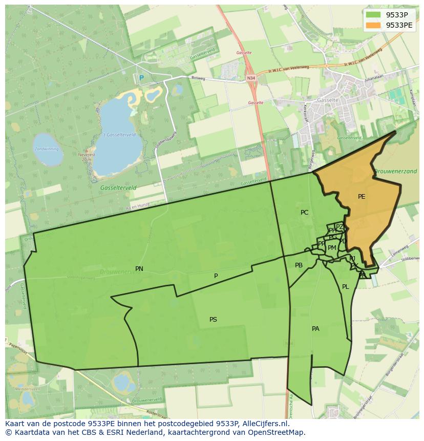 Afbeelding van het postcodegebied 9533 PE op de kaart.
