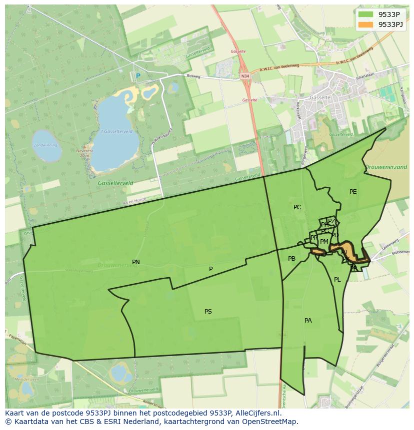 Afbeelding van het postcodegebied 9533 PJ op de kaart.