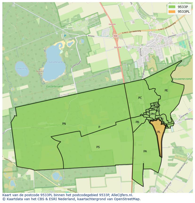 Afbeelding van het postcodegebied 9533 PL op de kaart.