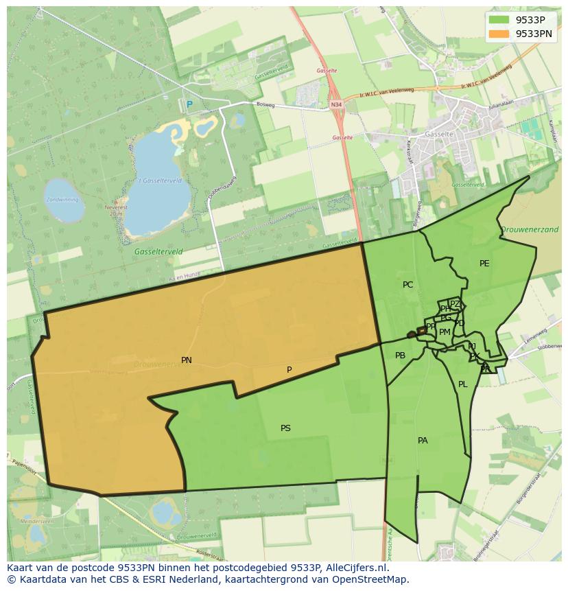 Afbeelding van het postcodegebied 9533 PN op de kaart.