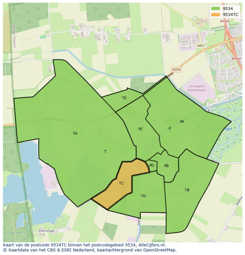 Afbeelding van het postcodegebied 9534 TC op de kaart.