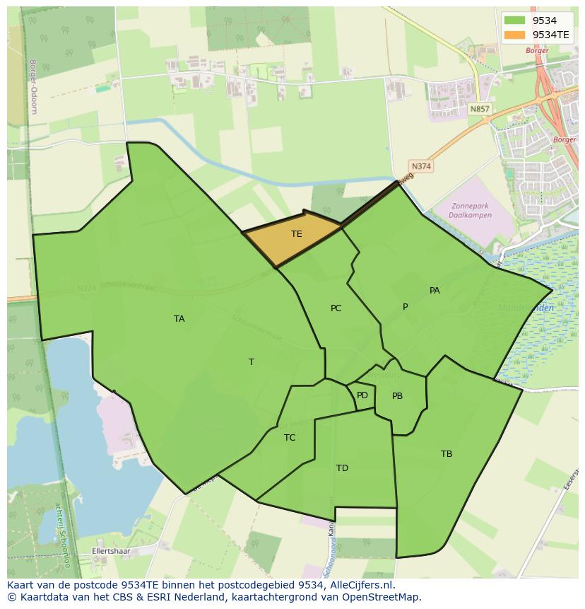 Afbeelding van het postcodegebied 9534 TE op de kaart.