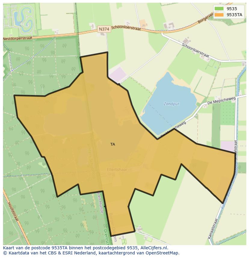 Afbeelding van het postcodegebied 9535 TA op de kaart.