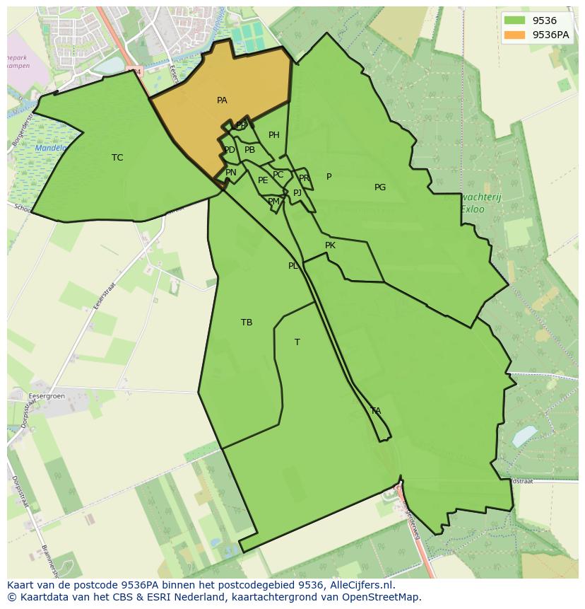 Afbeelding van het postcodegebied 9536 PA op de kaart.