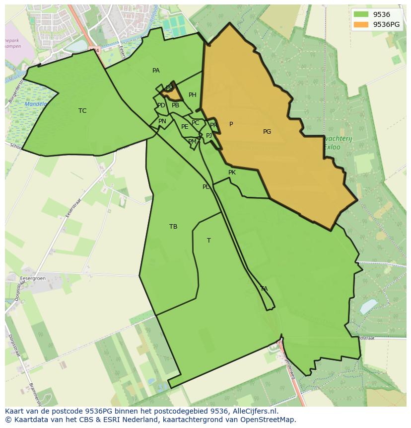 Afbeelding van het postcodegebied 9536 PG op de kaart.