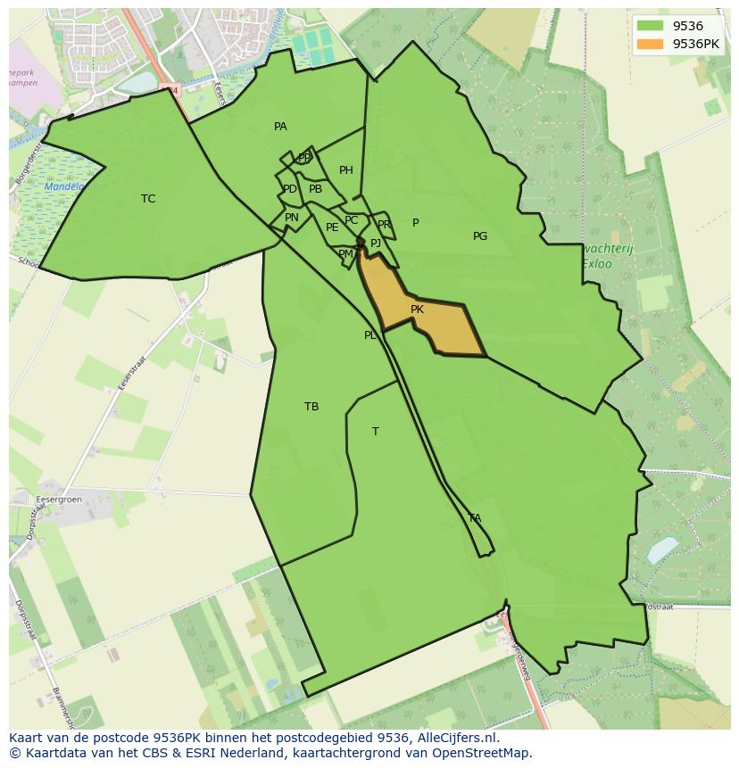 Afbeelding van het postcodegebied 9536 PK op de kaart.