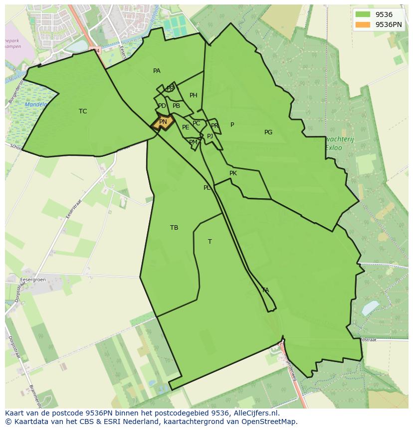 Afbeelding van het postcodegebied 9536 PN op de kaart.
