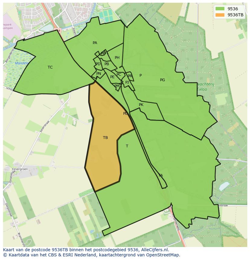 Afbeelding van het postcodegebied 9536 TB op de kaart.