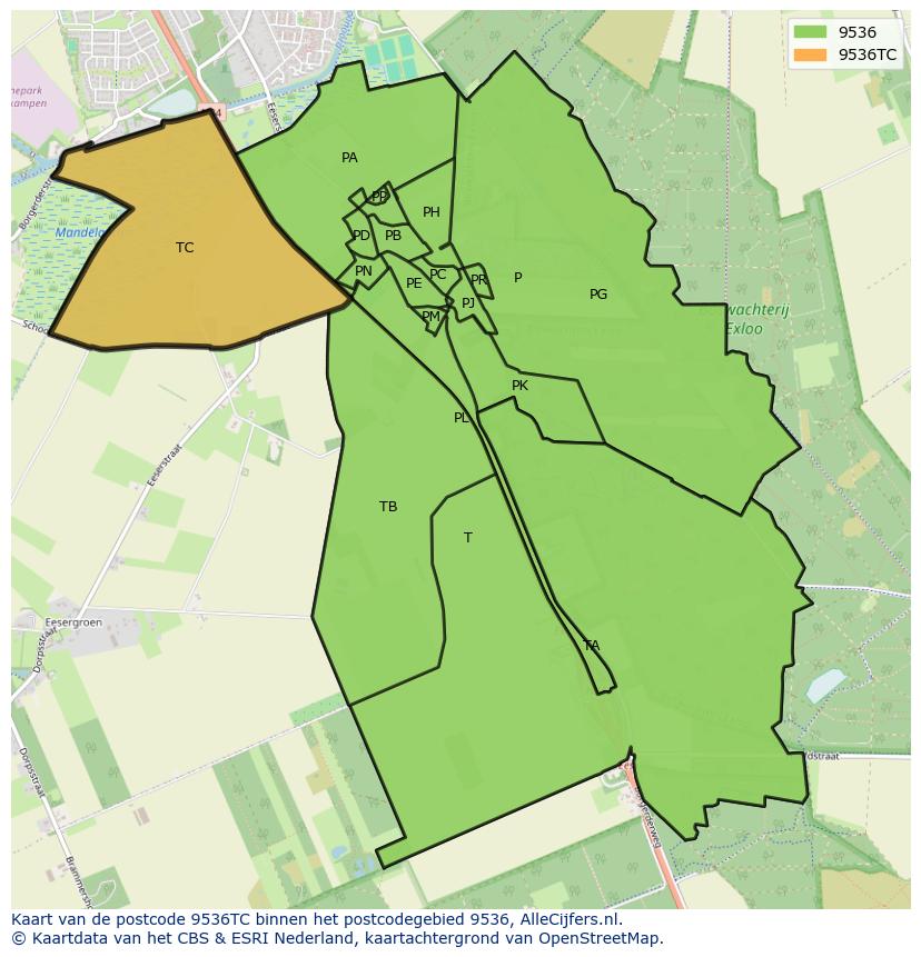 Afbeelding van het postcodegebied 9536 TC op de kaart.