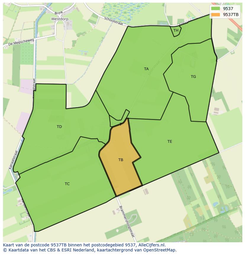 Afbeelding van het postcodegebied 9537 TB op de kaart.
