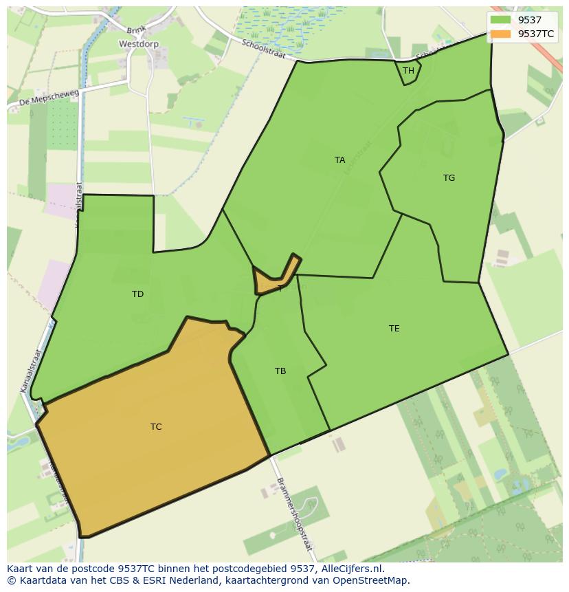 Afbeelding van het postcodegebied 9537 TC op de kaart.