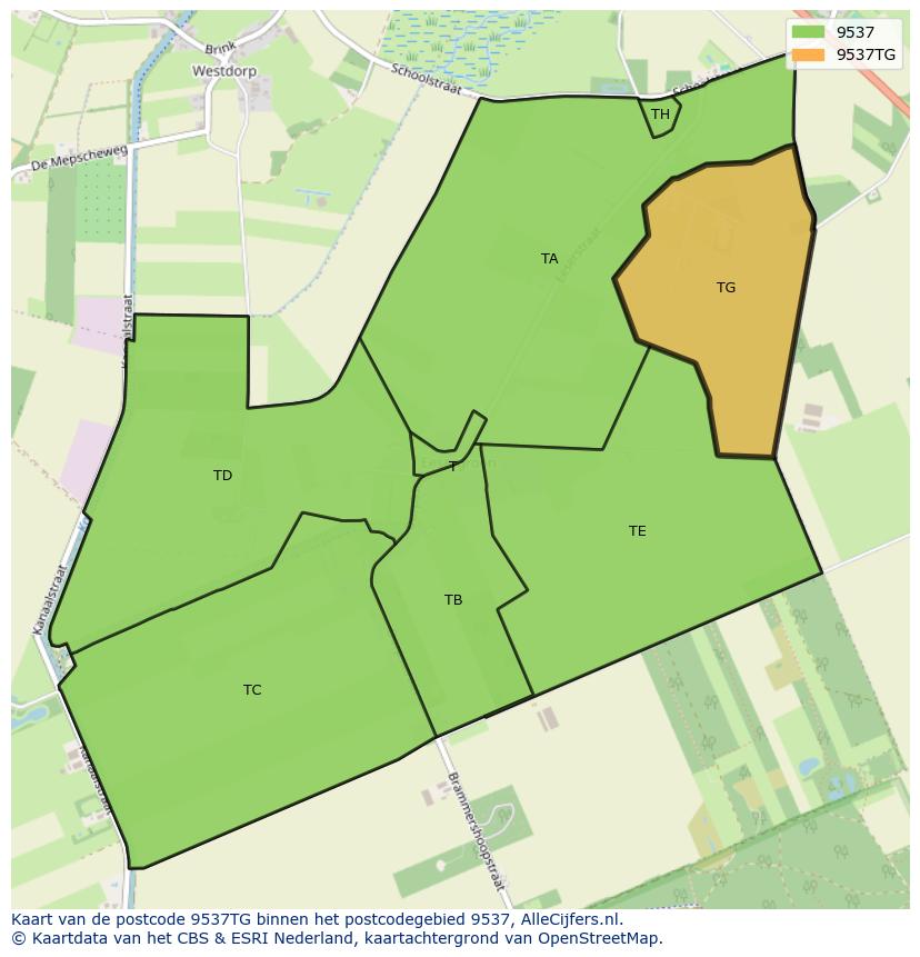 Afbeelding van het postcodegebied 9537 TG op de kaart.
