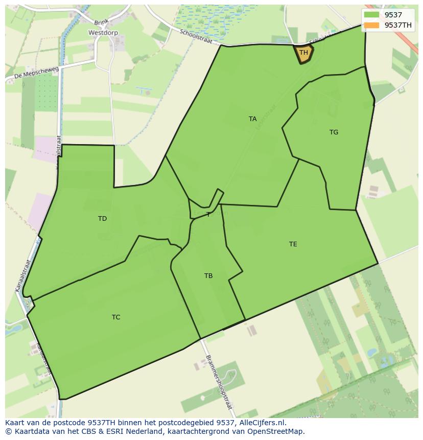 Afbeelding van het postcodegebied 9537 TH op de kaart.