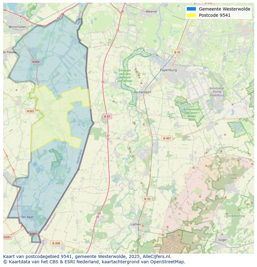 Afbeelding van het postcodegebied 9541 op de kaart.