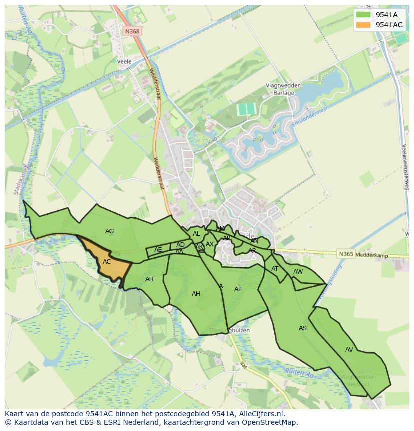 Afbeelding van het postcodegebied 9541 AC op de kaart.