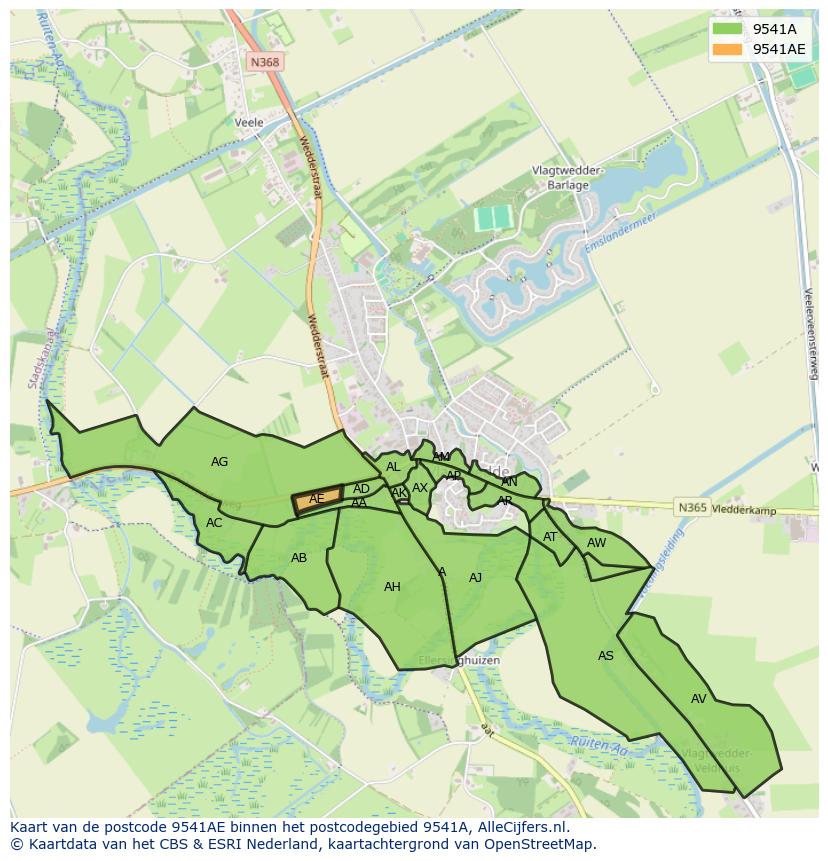 Afbeelding van het postcodegebied 9541 AE op de kaart.