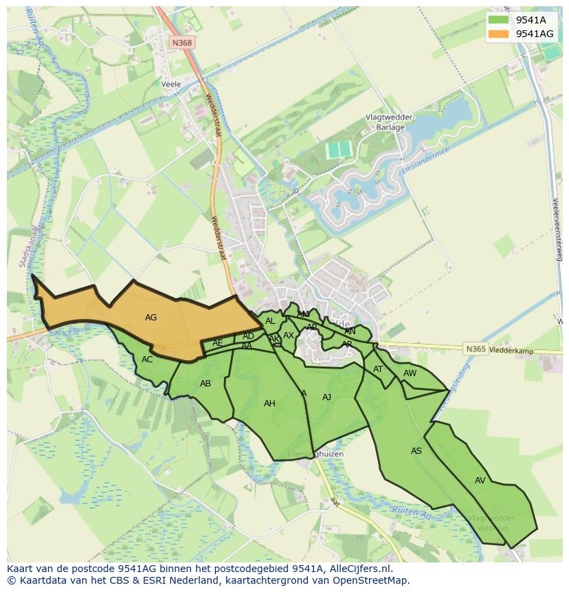 Afbeelding van het postcodegebied 9541 AG op de kaart.
