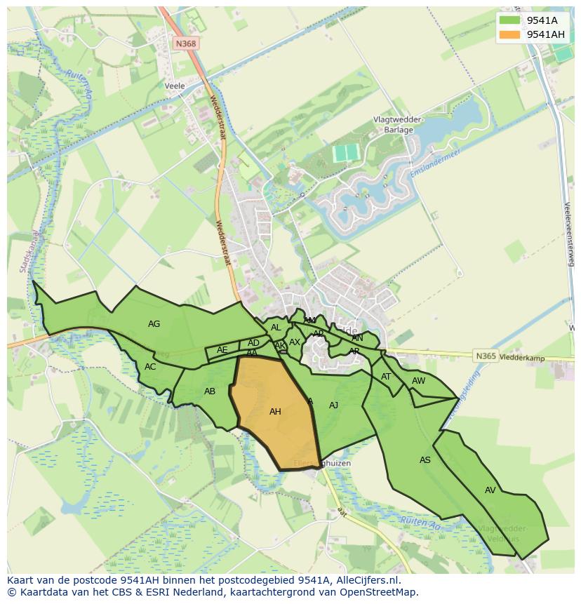 Afbeelding van het postcodegebied 9541 AH op de kaart.