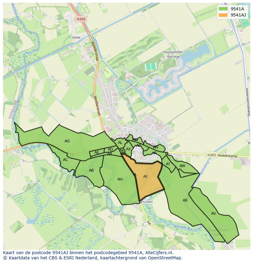 Afbeelding van het postcodegebied 9541 AJ op de kaart.