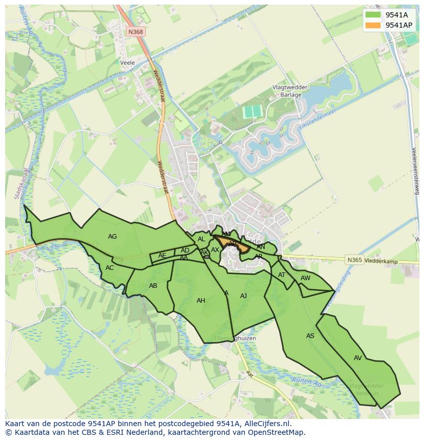 Afbeelding van het postcodegebied 9541 AP op de kaart.