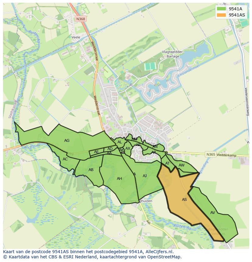 Afbeelding van het postcodegebied 9541 AS op de kaart.