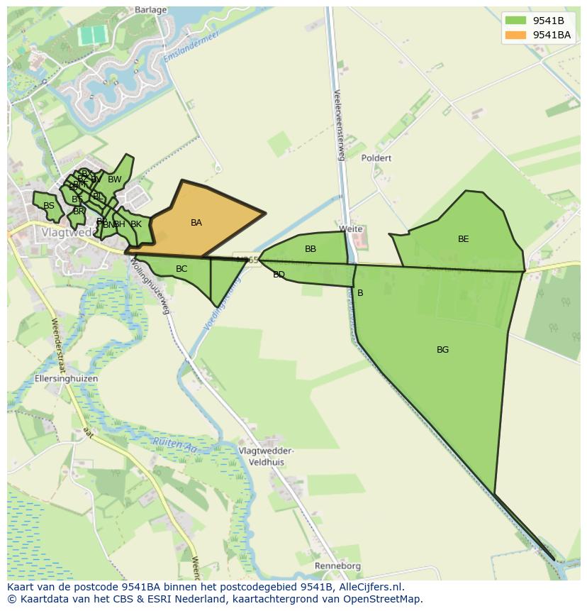 Afbeelding van het postcodegebied 9541 BA op de kaart.
