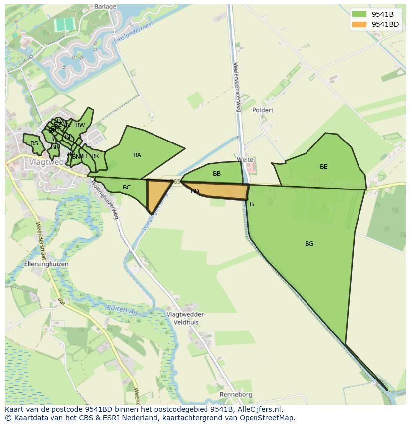 Afbeelding van het postcodegebied 9541 BD op de kaart.