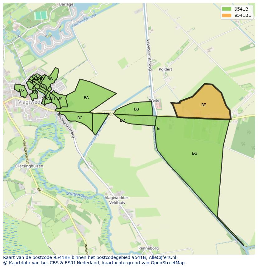 Afbeelding van het postcodegebied 9541 BE op de kaart.