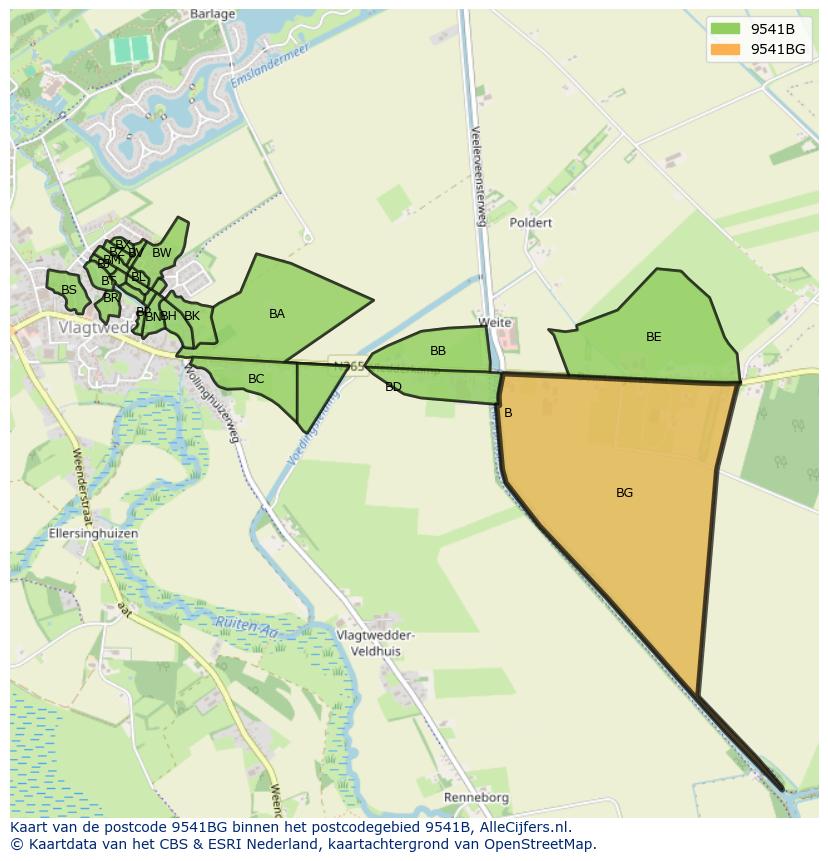 Afbeelding van het postcodegebied 9541 BG op de kaart.