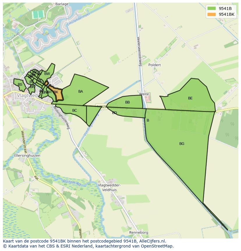 Afbeelding van het postcodegebied 9541 BK op de kaart.