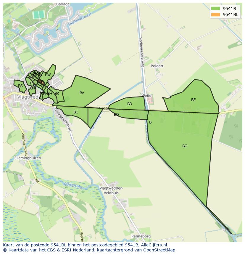 Afbeelding van het postcodegebied 9541 BL op de kaart.