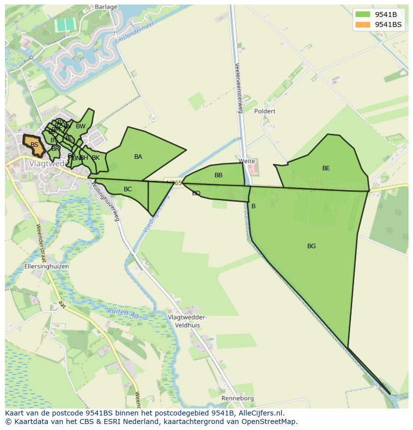 Afbeelding van het postcodegebied 9541 BS op de kaart.