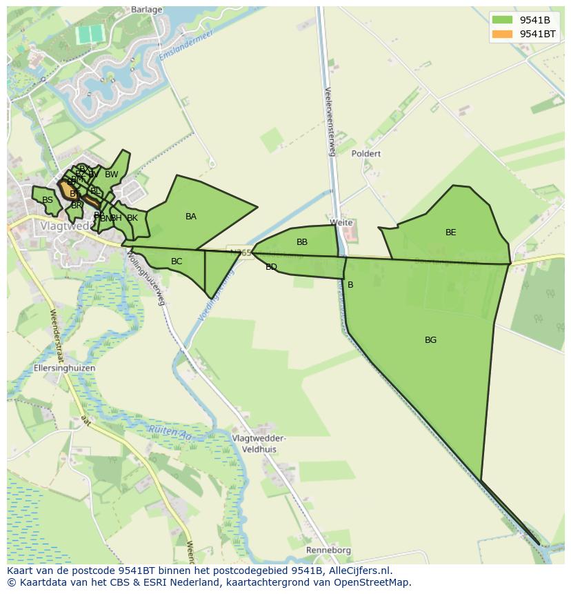 Afbeelding van het postcodegebied 9541 BT op de kaart.