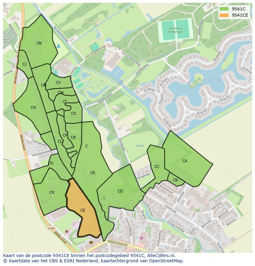 Afbeelding van het postcodegebied 9541 CE op de kaart.