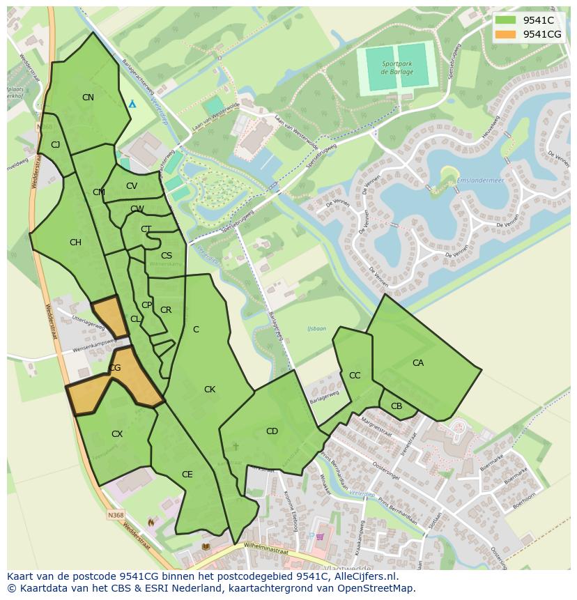 Afbeelding van het postcodegebied 9541 CG op de kaart.