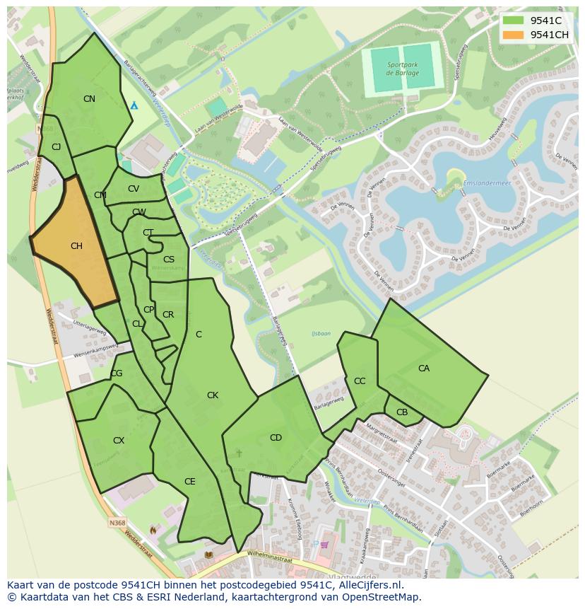 Afbeelding van het postcodegebied 9541 CH op de kaart.