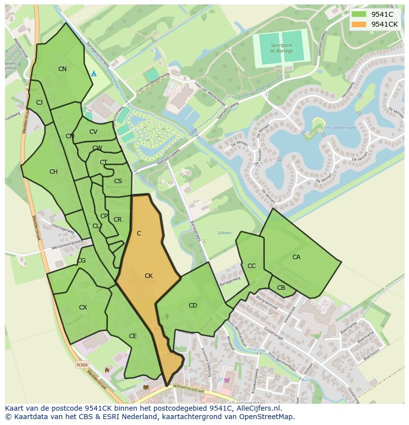 Afbeelding van het postcodegebied 9541 CK op de kaart.