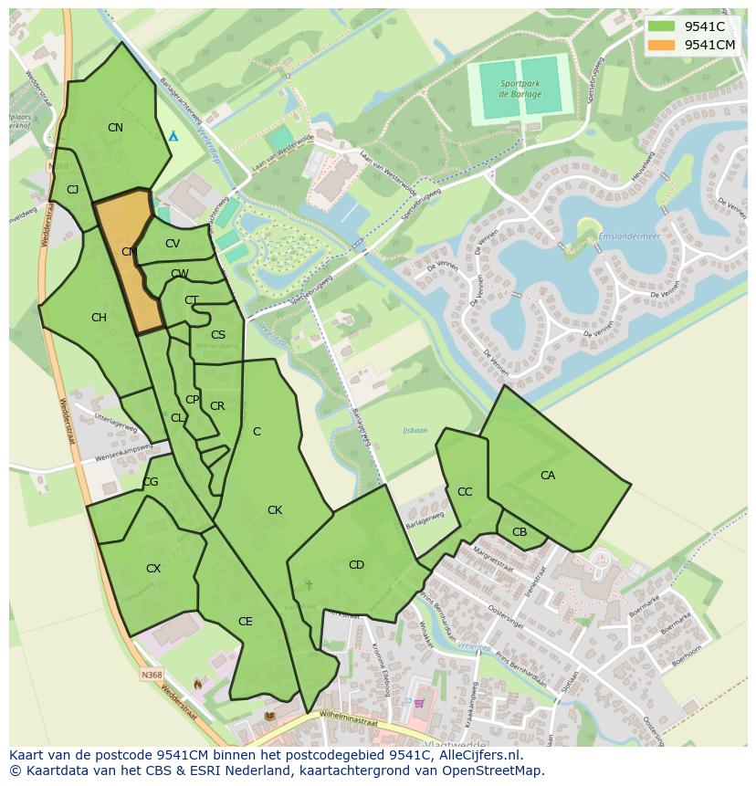 Afbeelding van het postcodegebied 9541 CM op de kaart.
